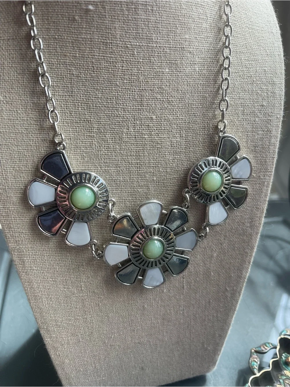 Floral Statement Necklace with Mint Accents Silver Flower Necklace with Green St